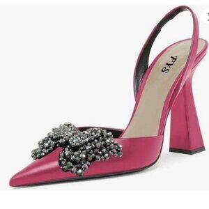 FYS Women Pointed Toe Slingback Sandals Butterfly Crystal Rhinestones Pink Shoes